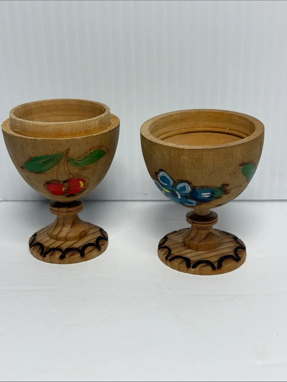 Handcrafted Wooden Egg Stand with Blue Floral Accent